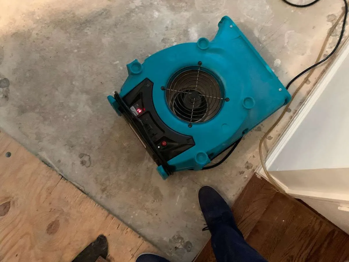Air mover drying subfloor during Leak Detection & Repair in Rayne